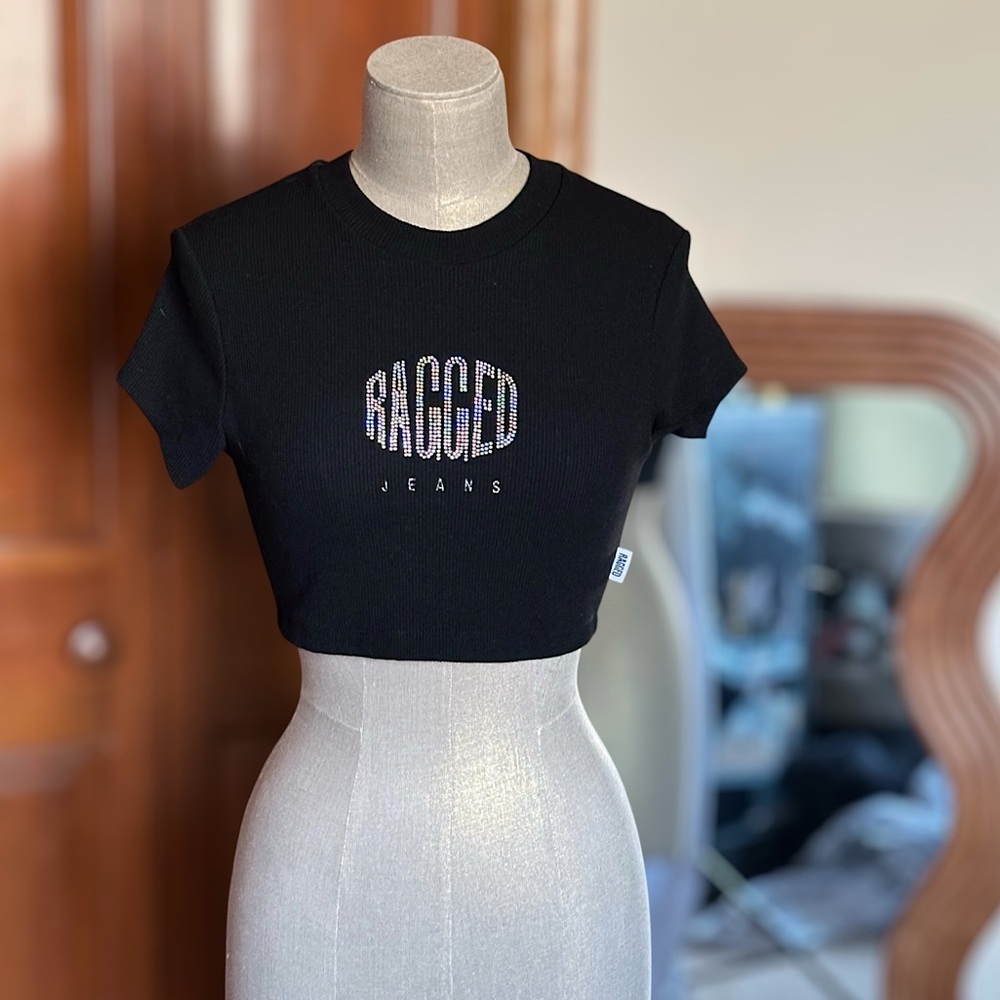 Ragged Jeans Rhinestone Logo Cropped Baby Tee Black LIKE NEW